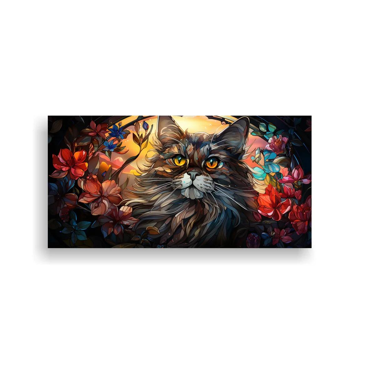 Cuadro gato de pelo largo con halo cálido y follaje oscuro — imagen principal