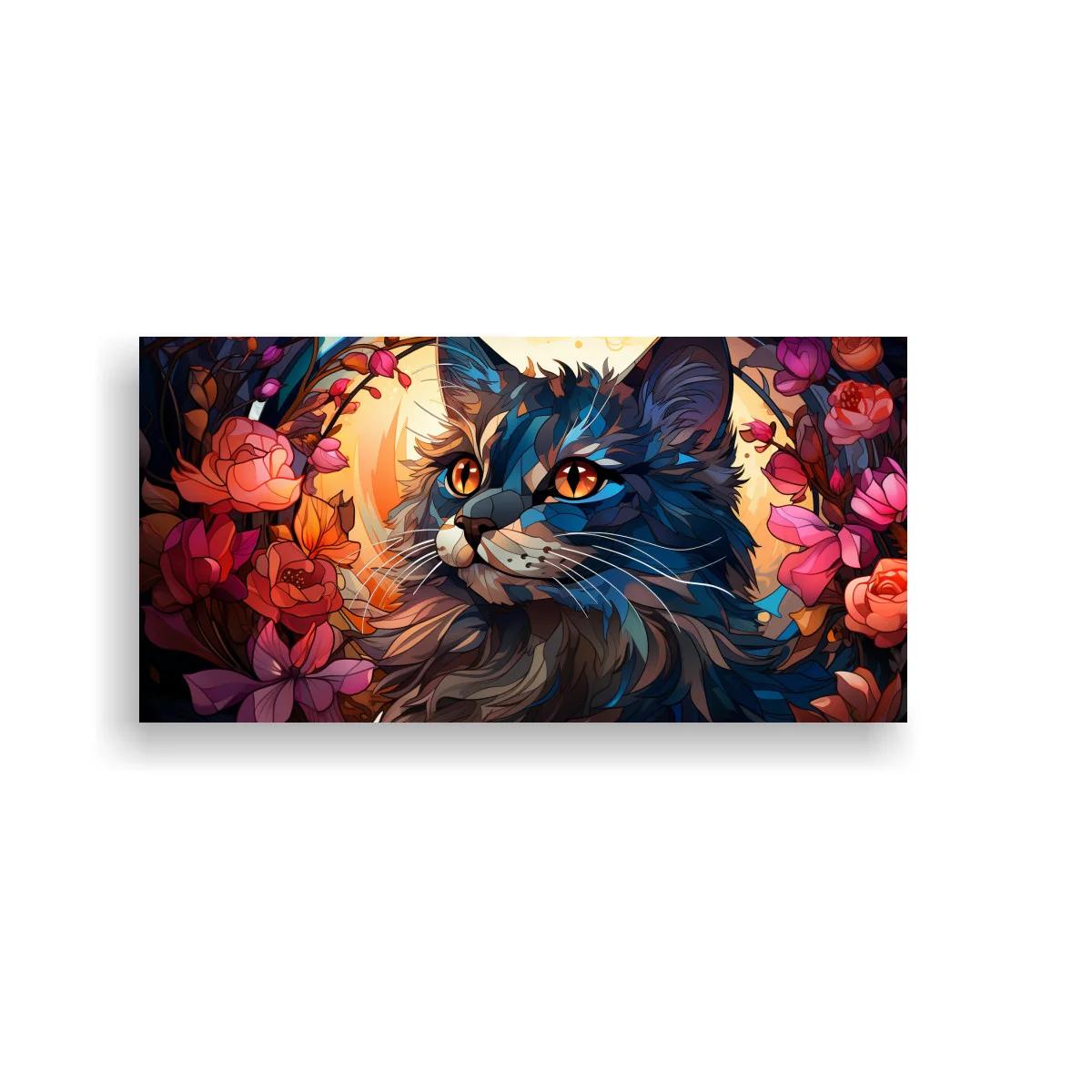 Cuadro gato de pelo largo con halo luminoso y rosas — imagen principal