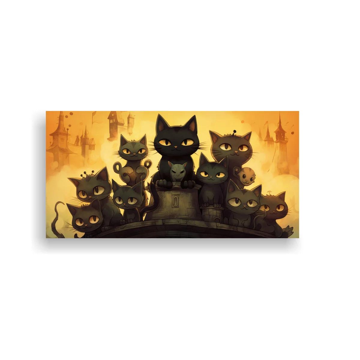 Cuadro grupo de gatos negros con castillos difuminados