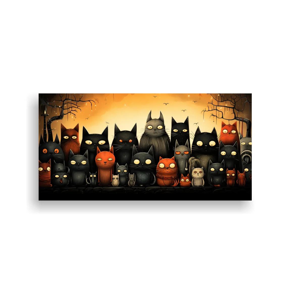 Cuadro grupo de gatos negros en franja panorámica