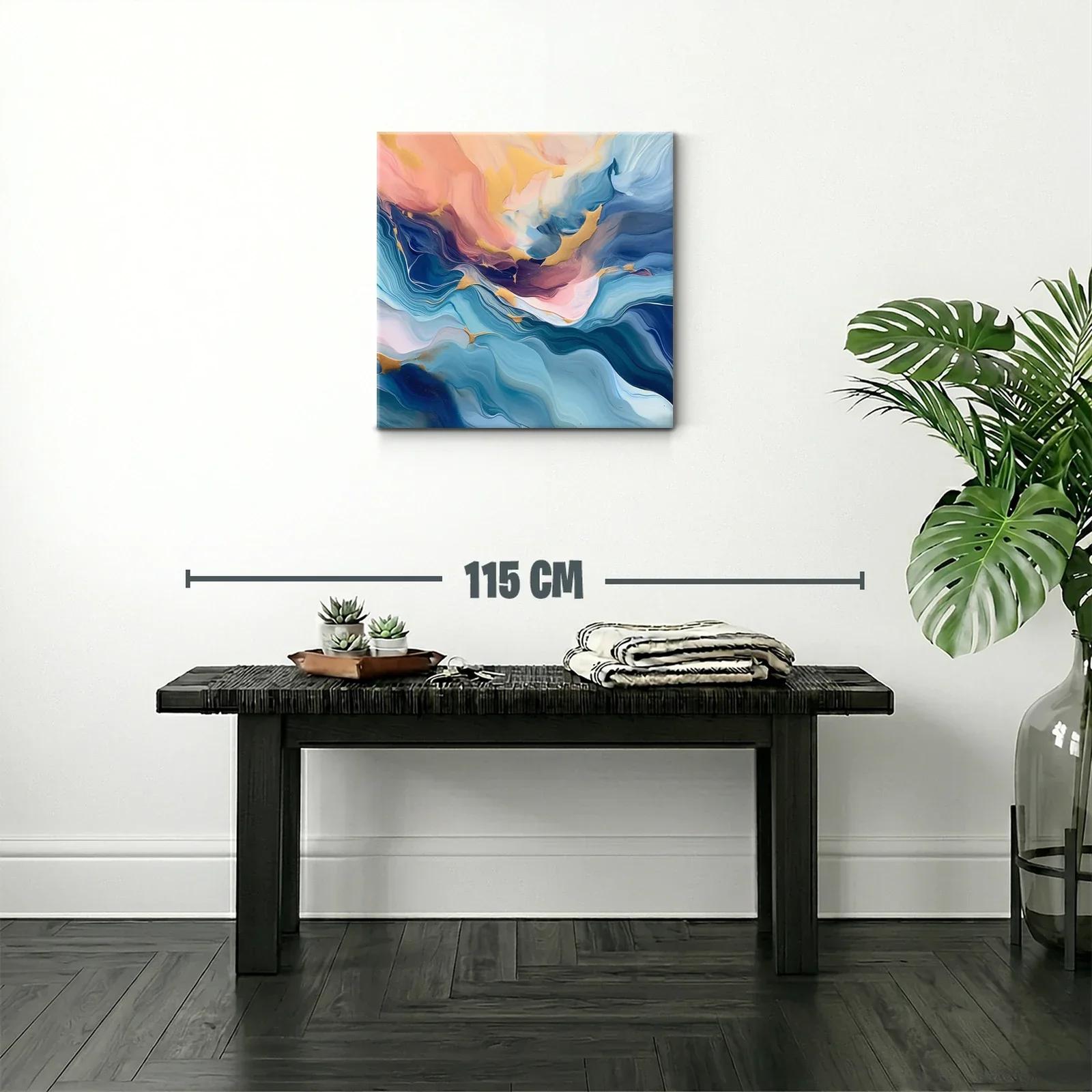 Cuadro abstracto en tonos azules y dorados con toques rosados — miniatura 2