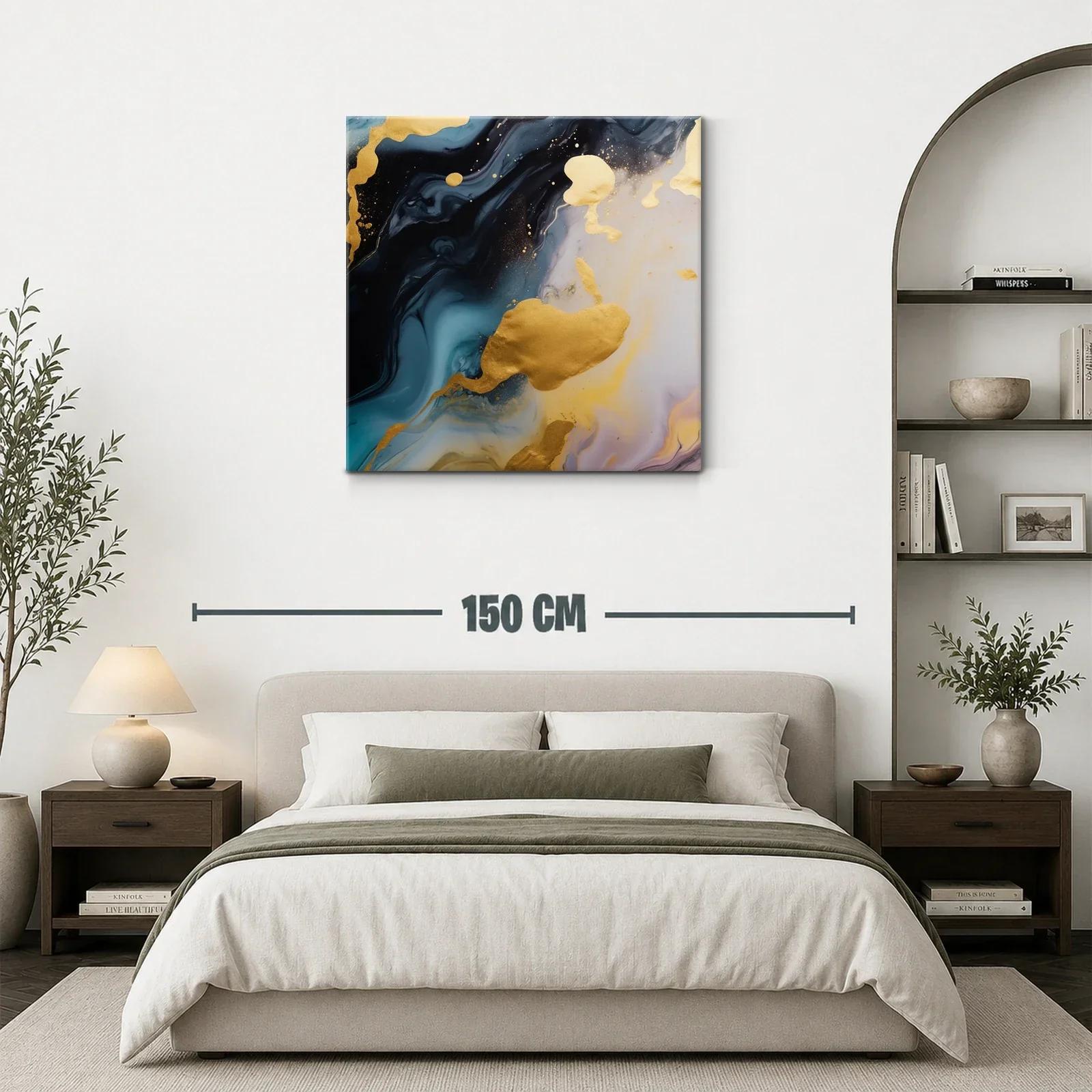 Cuadro abstracto con destellos dorados y tonos profundo azul — miniatura 3