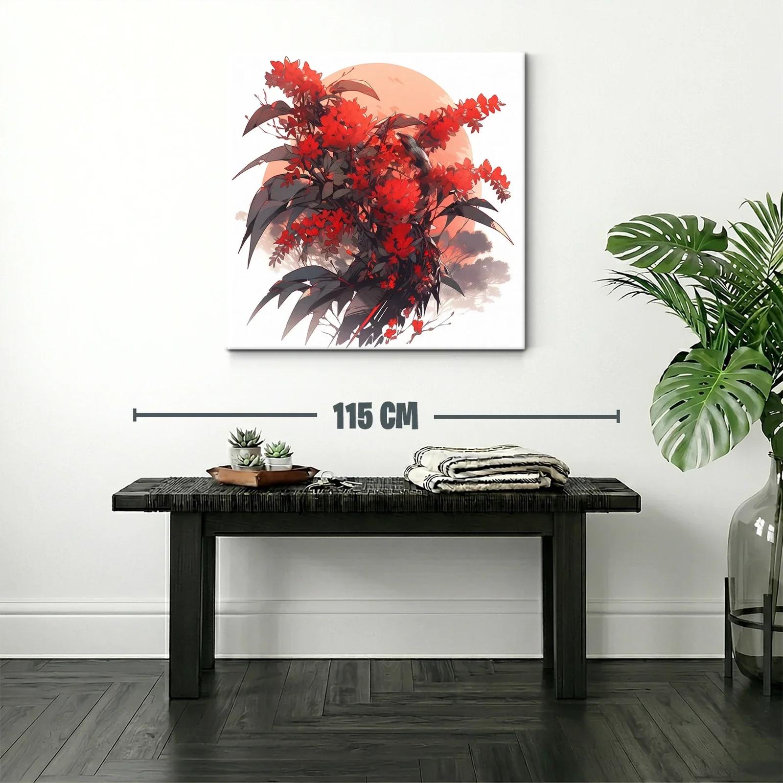 Cuadro floral con aves en tonos rojizos y contraste oscuro — miniatura 2
