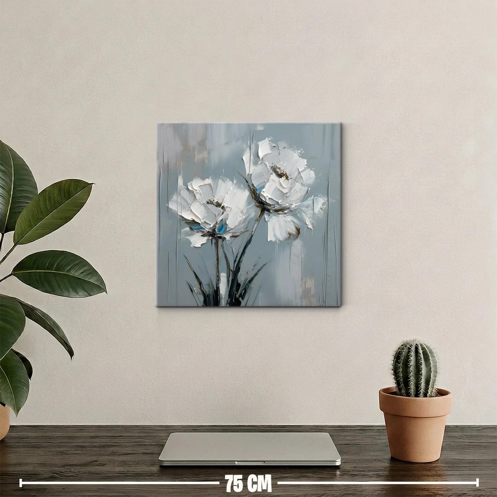 Cuadro moderno con flores blancas sobre fondo gris azulado — miniatura 2