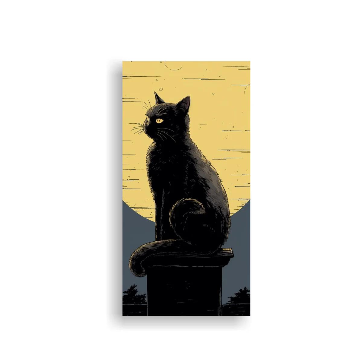 Cuadro gato negro con cola enroscada y luna amarilla — imagen principal