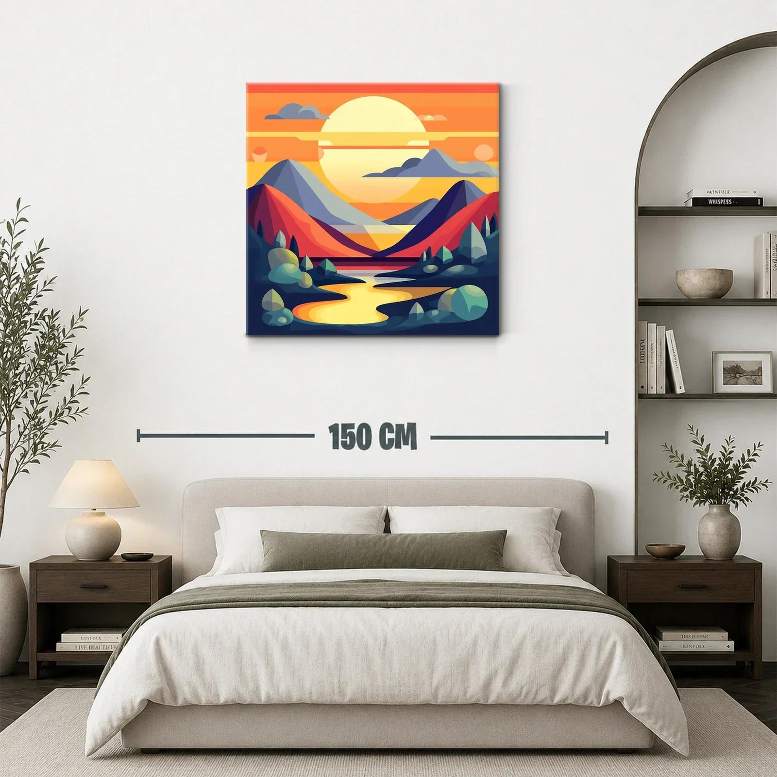 Paisaje abstracto con montañas y río al atardecer vibrante — miniatura 3