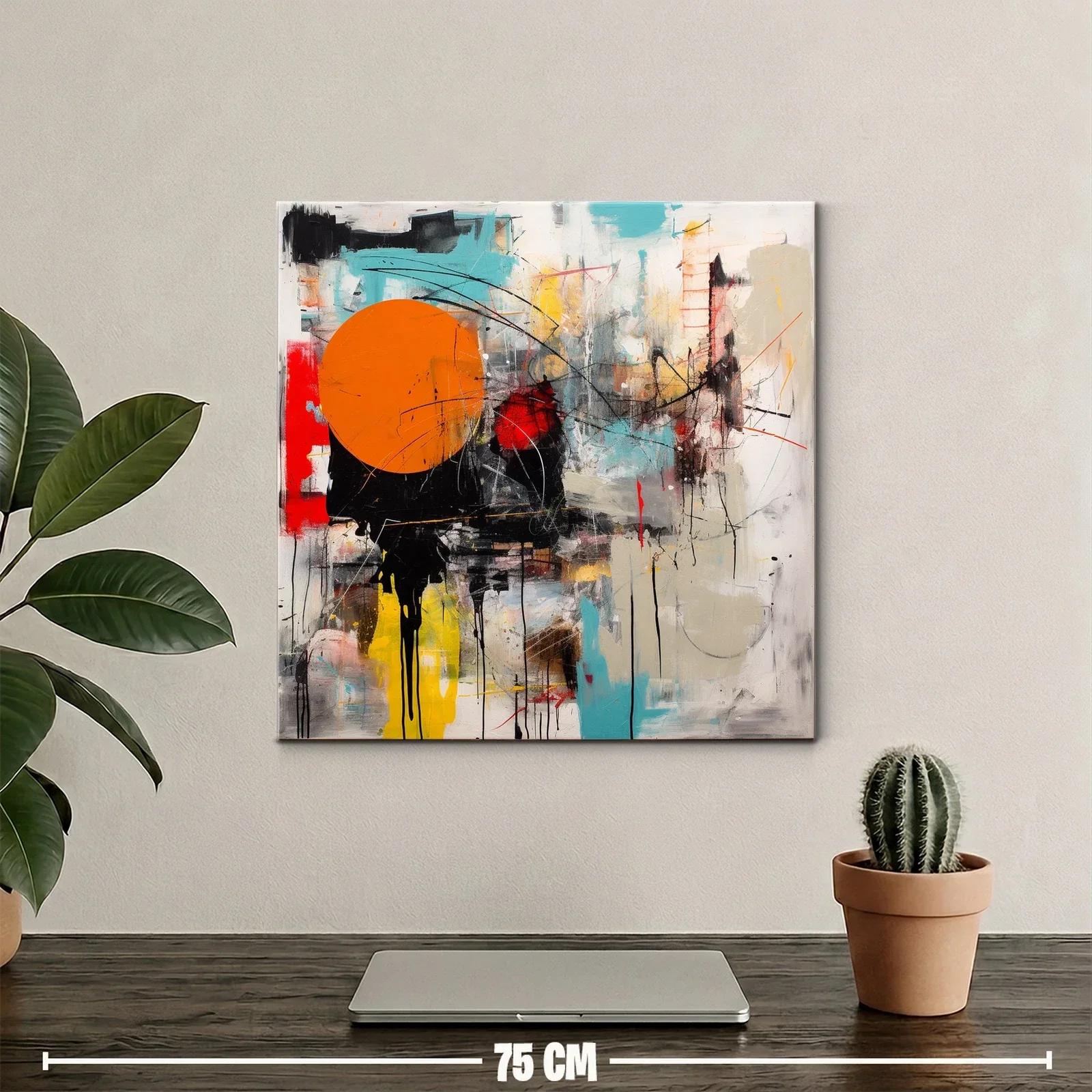 Cuadro abstracto con círculo naranja y trazos dinámicos — miniatura 2