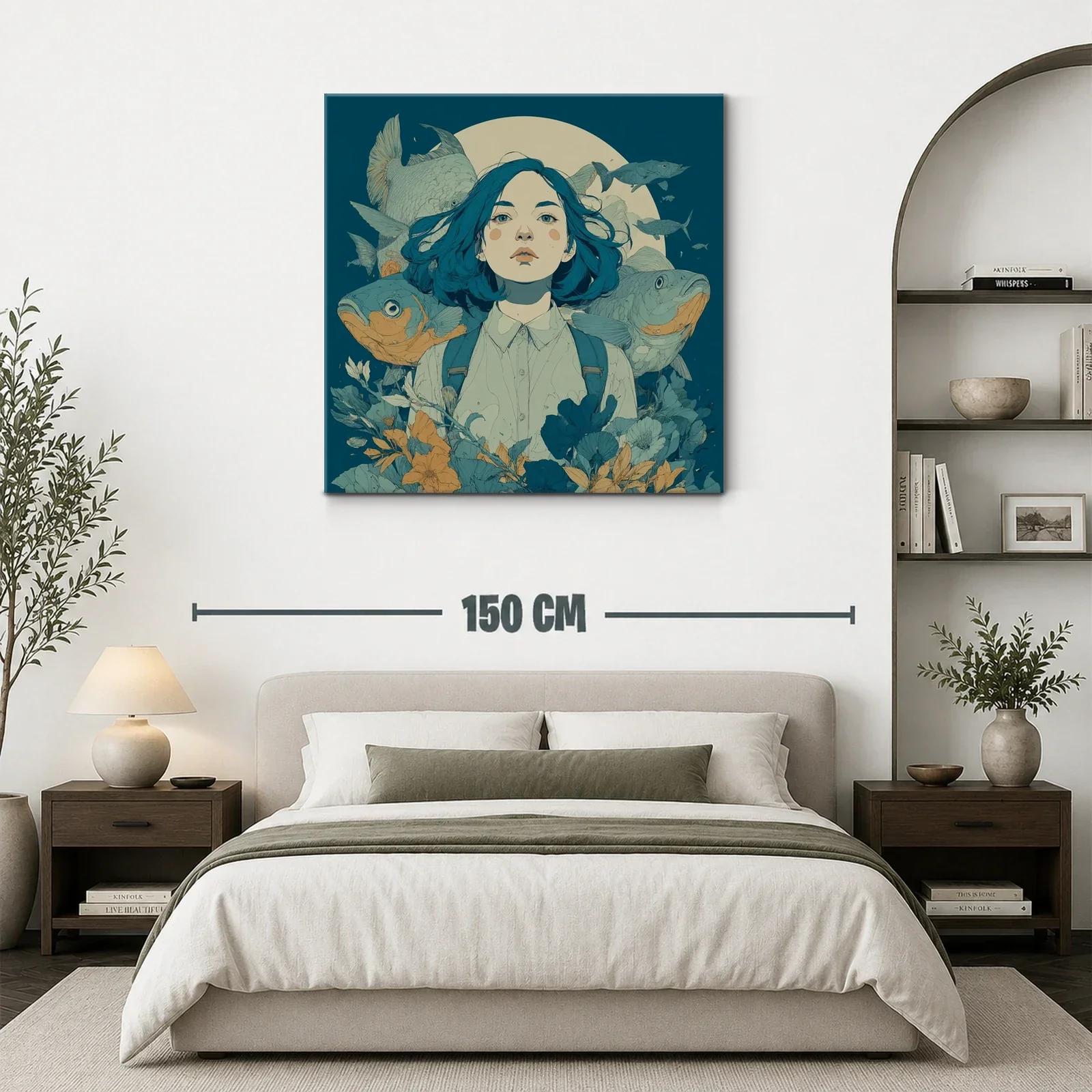 Retrato femenino con peces y flores en tonos azulados — miniatura 3