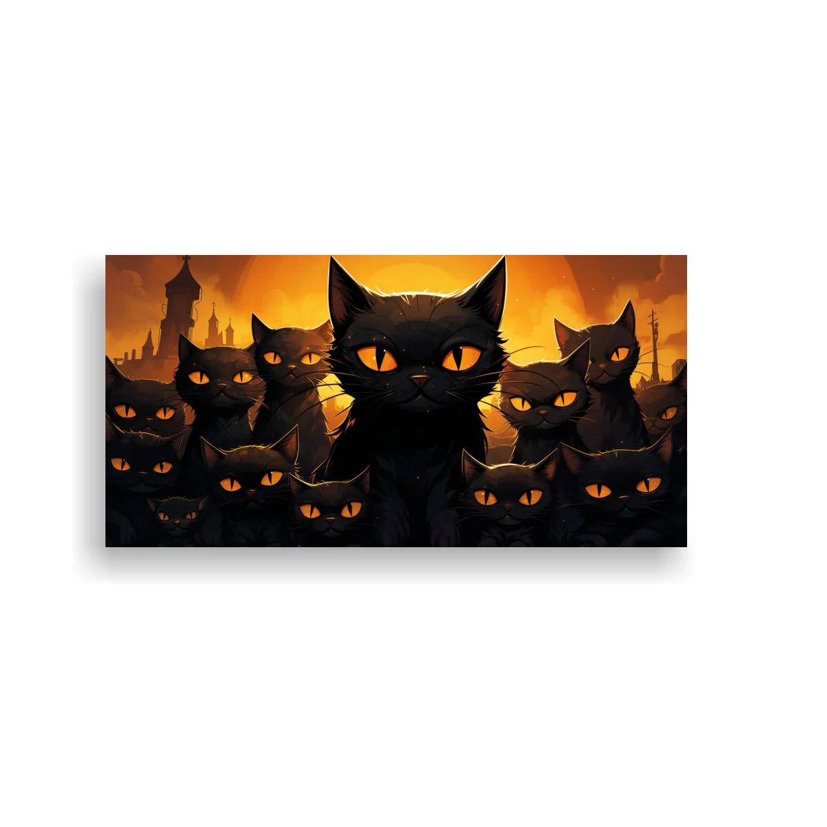 Cuadro de gatos negros de ojos brillantes sobre fondo urbano cálido — imagen principal