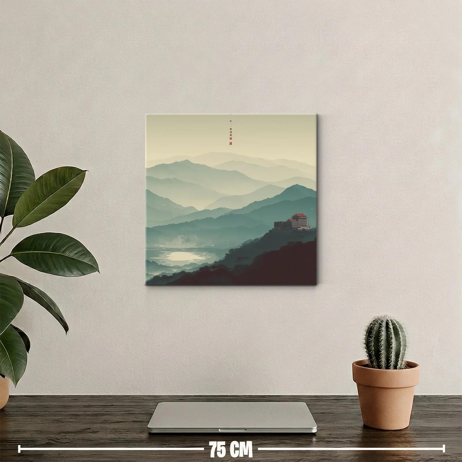 Paisaje con montañas y templo tradicional en calma matutina — miniatura 2