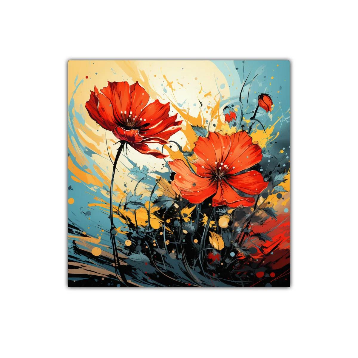 Cuadro decorativo vibrante con flores rojas y fondo dinámico