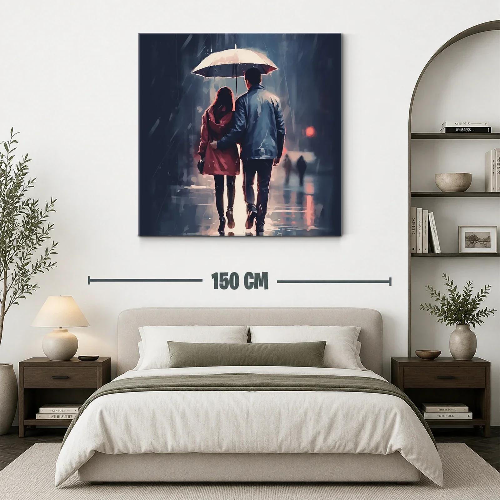 Pareja caminando bajo la lluvia con paraguas blanco — miniatura 3