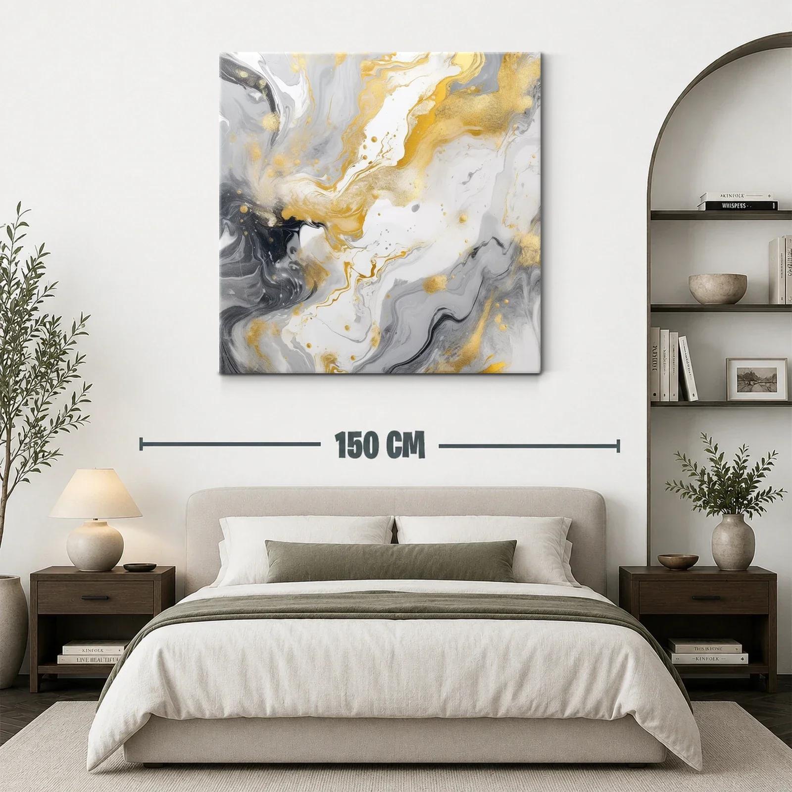 Cuadro abstracto con tonos dorados y grises fluidos en movimiento — miniatura 3