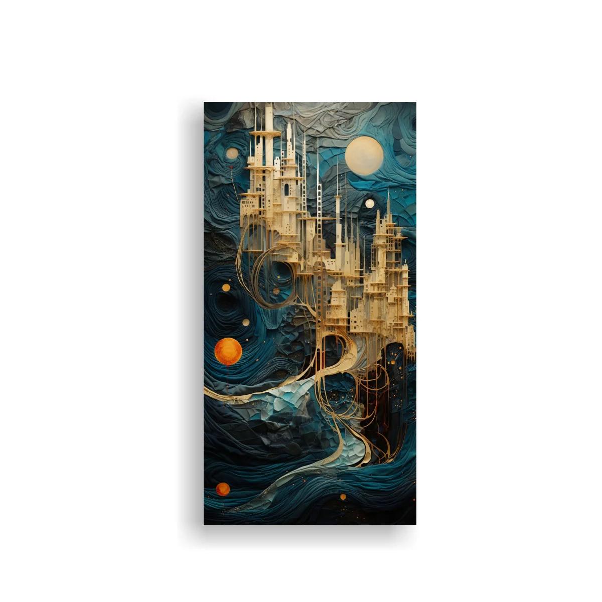 Cuadro castillo fantástico con lunas y orbes — imagen principal