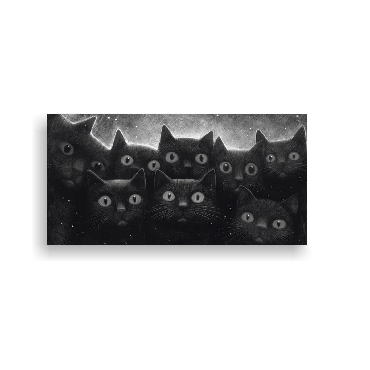Cuadro grupo de gatos negros asomando sobre un fondo oscuro — imagen principal
