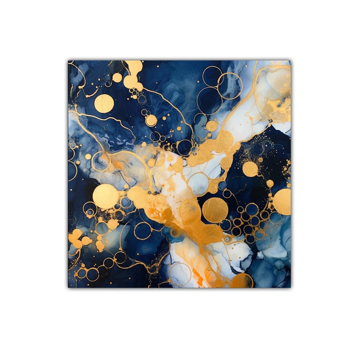 Cuadro abstracto con círculos dorados y tonos azul profundo — miniatura 1