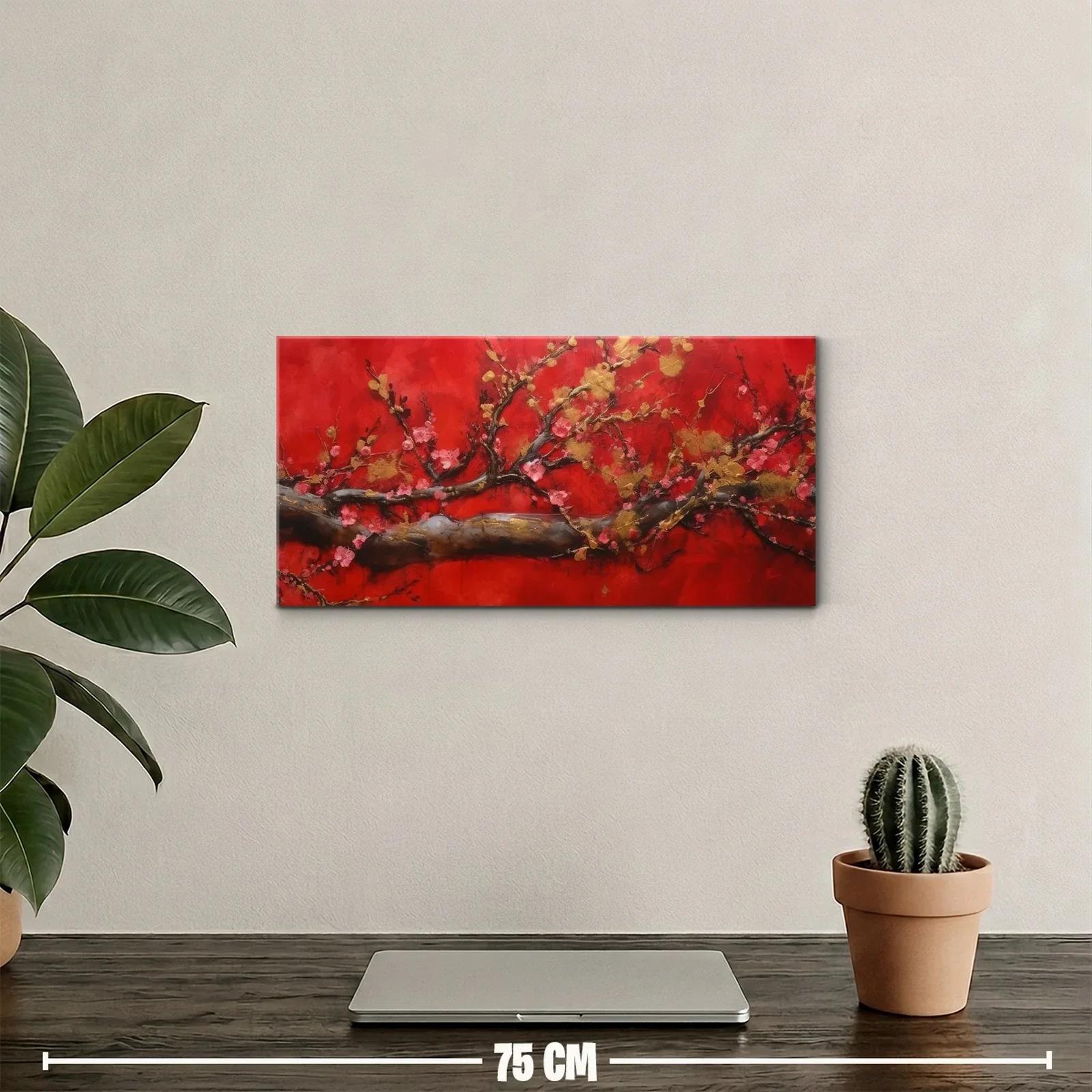 Cuadro rama de cerezo en flor sobre fondo rojo intenso — miniatura 2