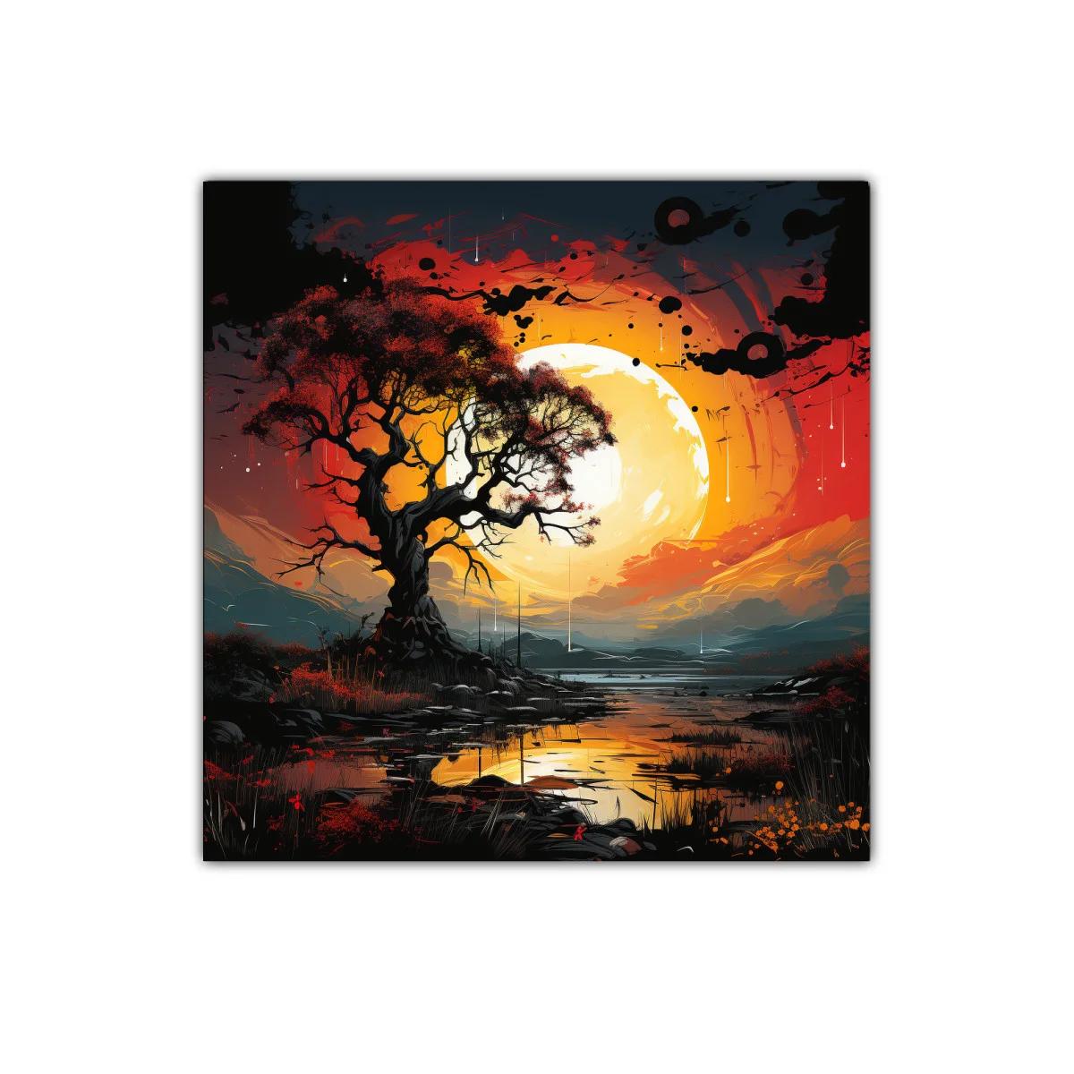 Atardecer místico con árbol sobre lago reflejante — miniatura 1