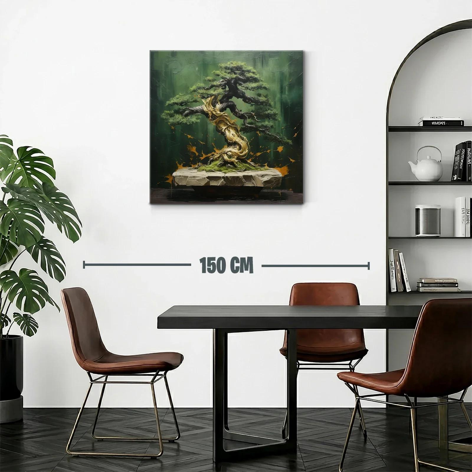 Cuadro árbol bonsái con tonos verdes y dorados — miniatura 2