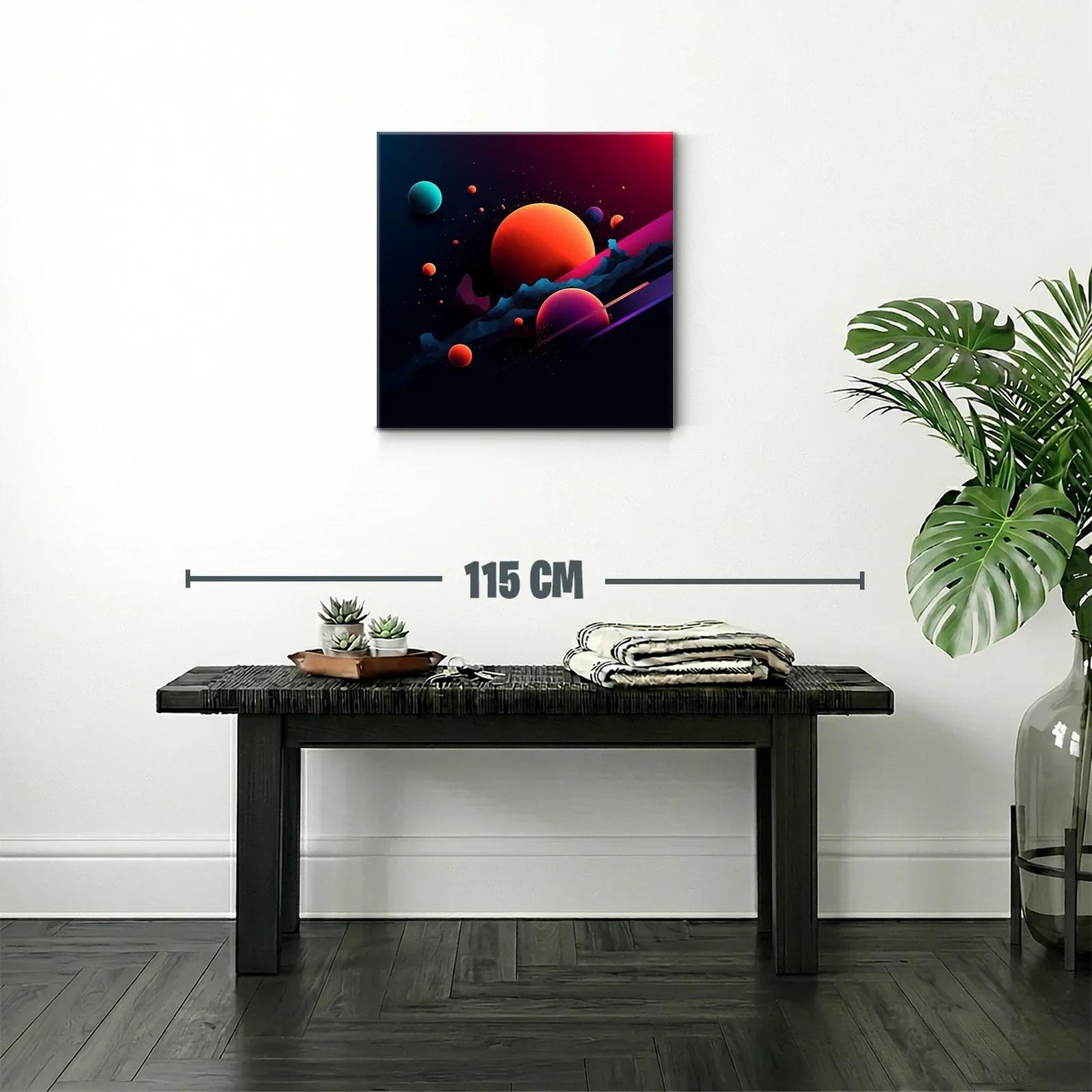 Cuadro abstracto con planetas vibrantes en espacio oscuro — miniatura 2