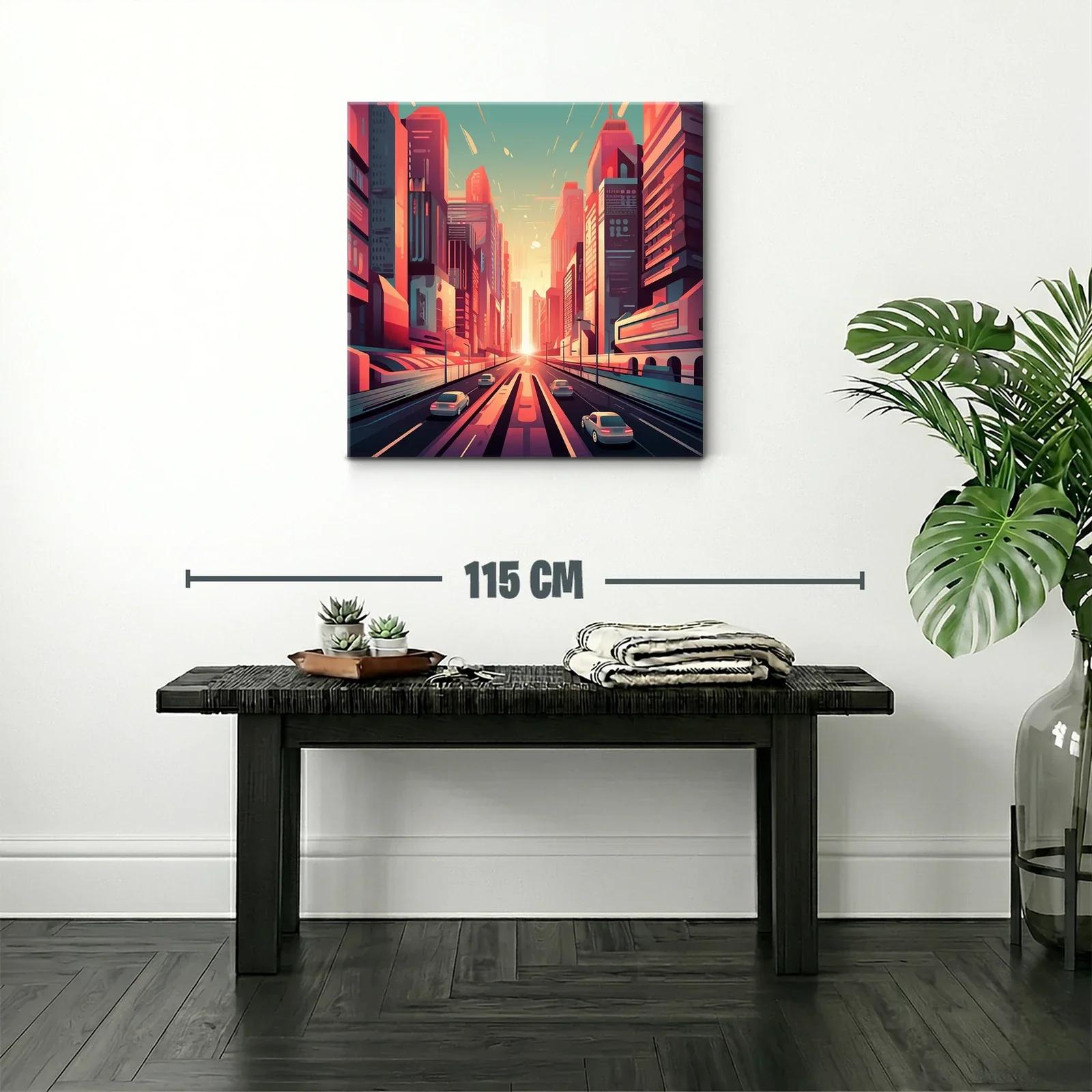 Ciudad futurista al atardecer con tonos cálidos y vibrantes — miniatura 2