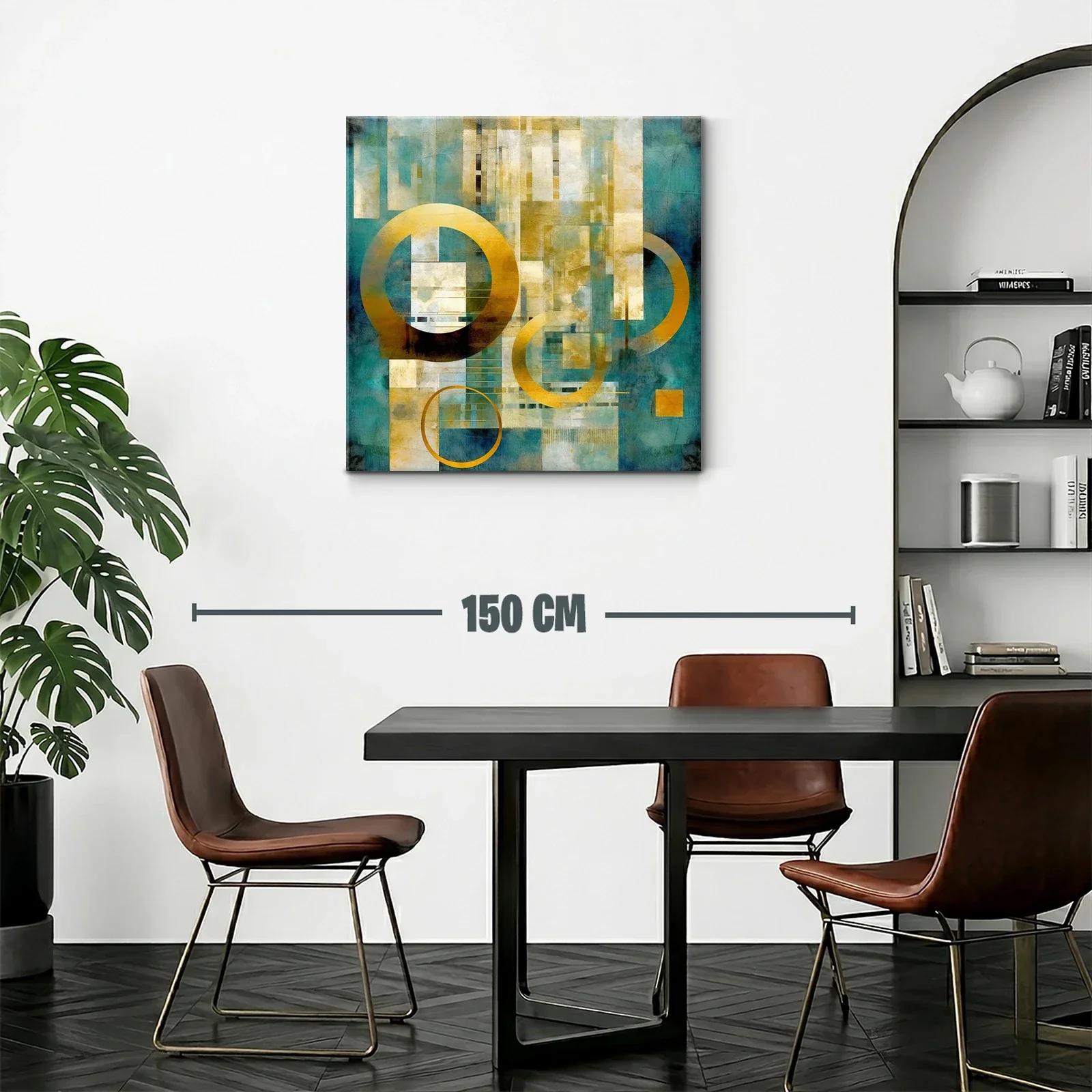 Cuadro abstracto moderno en tonos dorados y turquesa — miniatura 2