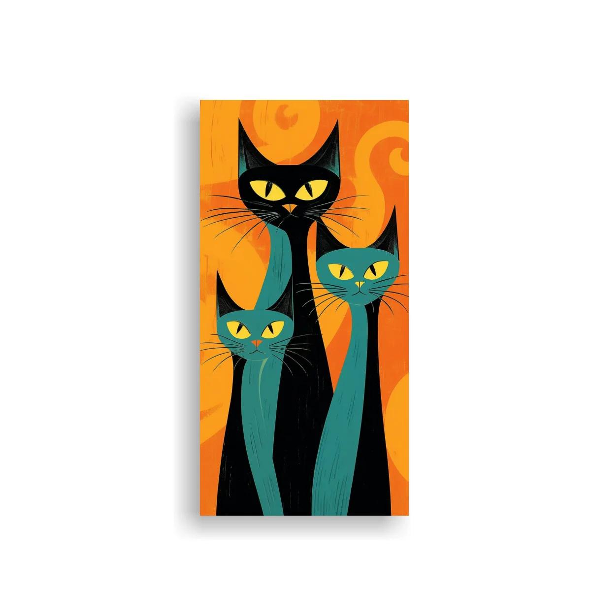 Cuadro tres gatos negros y turquesa sobre fondo naranja con espirales — imagen principal