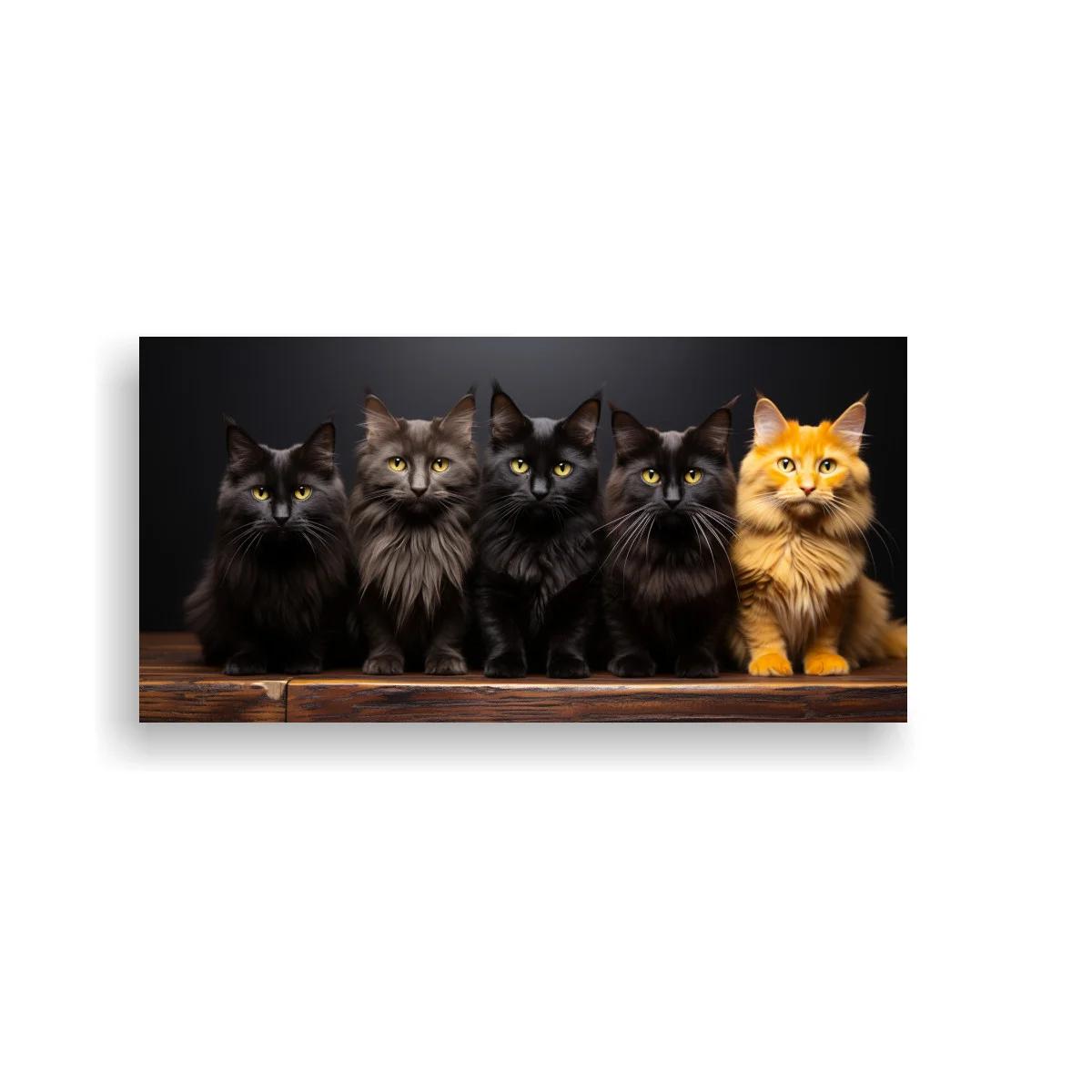 Cuadro grupo de cinco gatos peludos con fondo oscuro