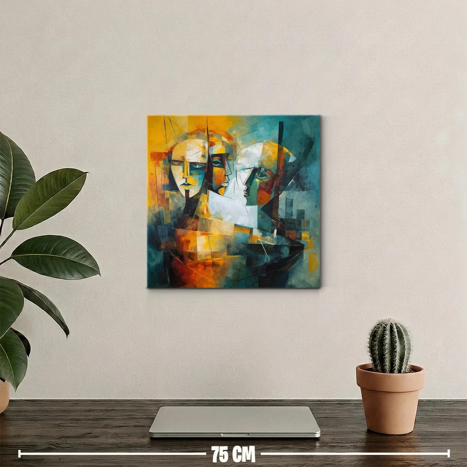 Cuadro abstracto rostros entrelazados en tonos cálidos y fríos — miniatura 2