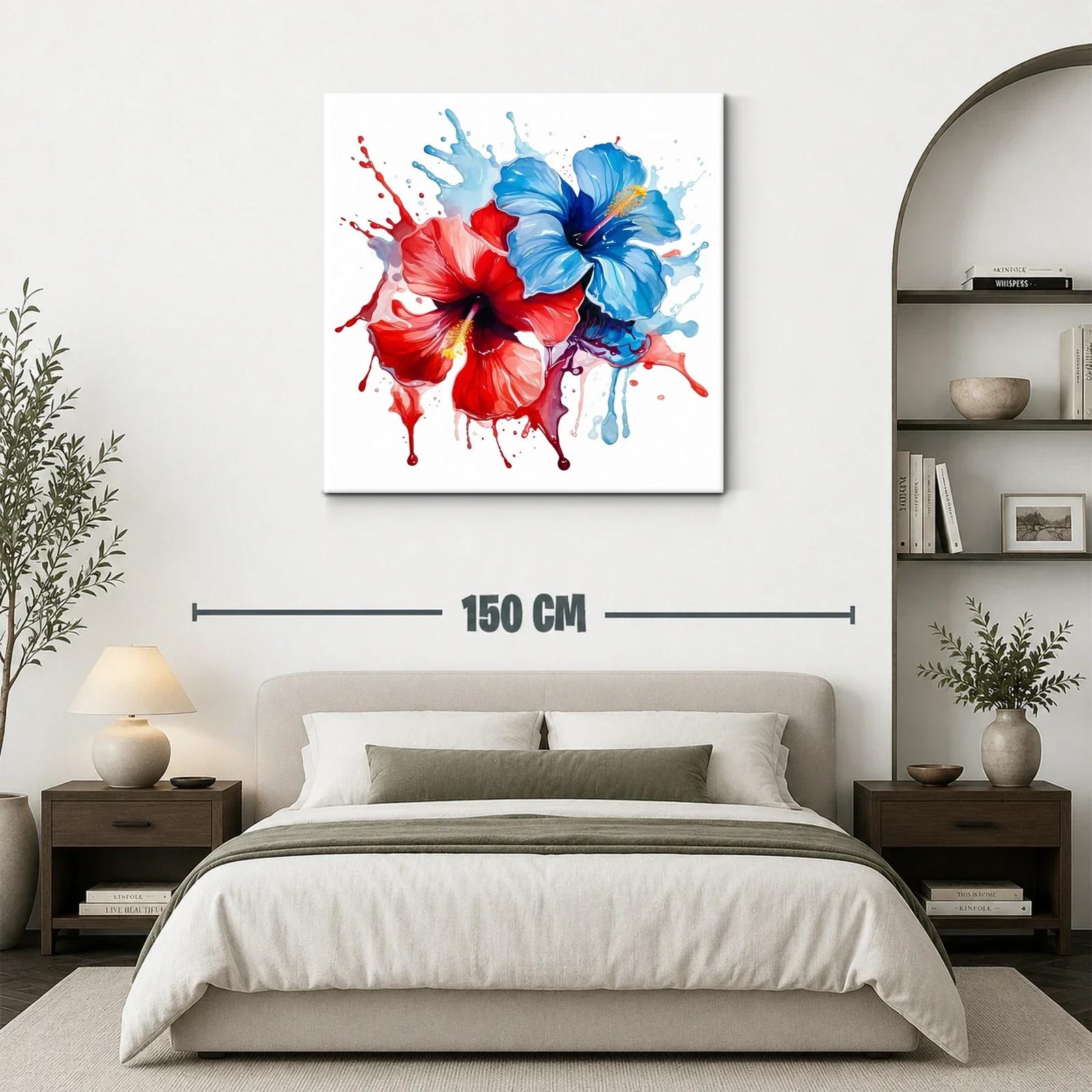 Cuadro moderno de flores hibisco en tonos rojo y azul — miniatura 3
