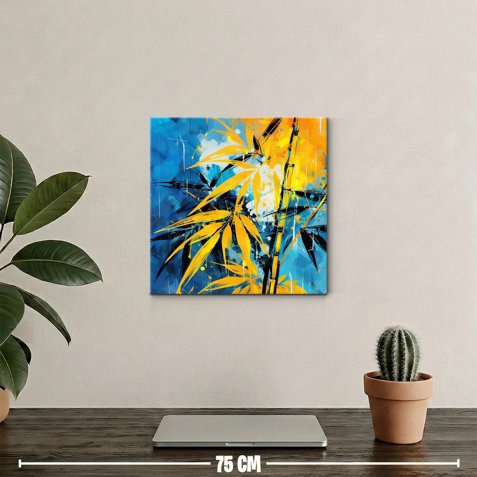 Cuadro artístico de hojas amarillas sobre fondo azul vibrante — miniatura 2