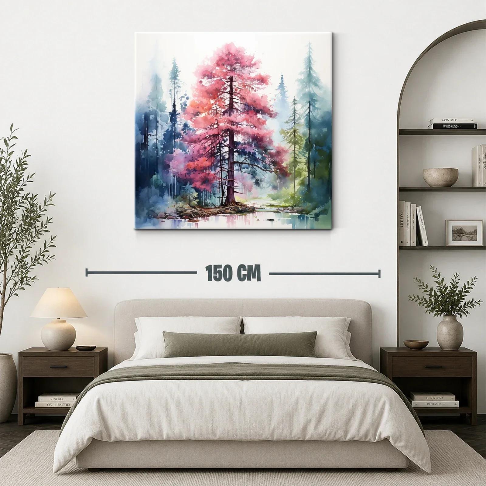 Bosque encantado con árbol rosa en paisaje sereno — miniatura 3