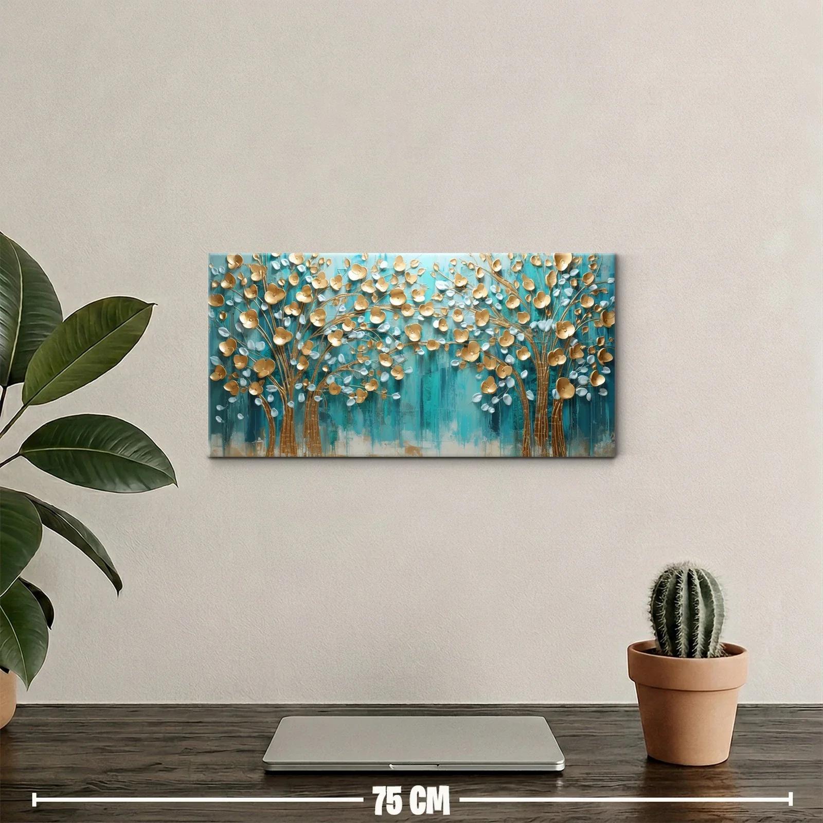 Cuadro bosque de hojas doradas con fondo turquesa — miniatura 2