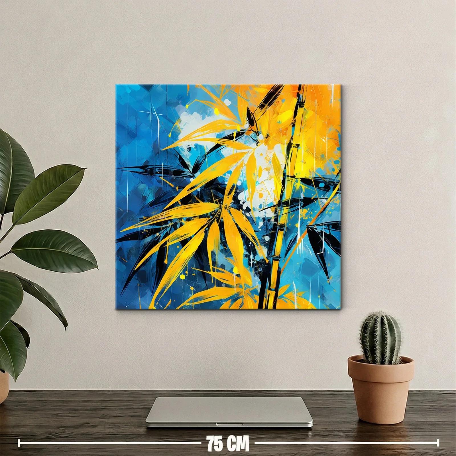 Cuadro artístico de hojas amarillas sobre fondo azul vibrante — miniatura 2
