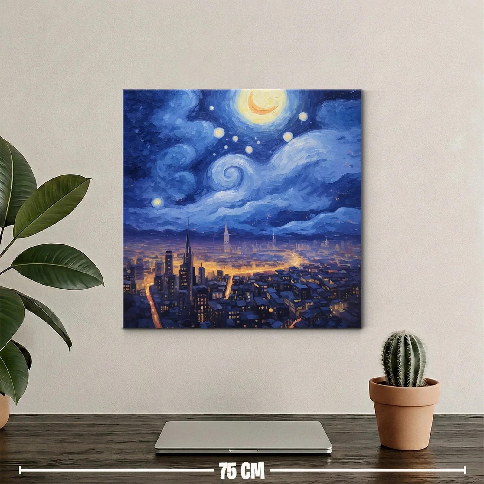 Ciudad nocturna iluminada bajo un cielo estrellado y luna creciente — miniatura 2
