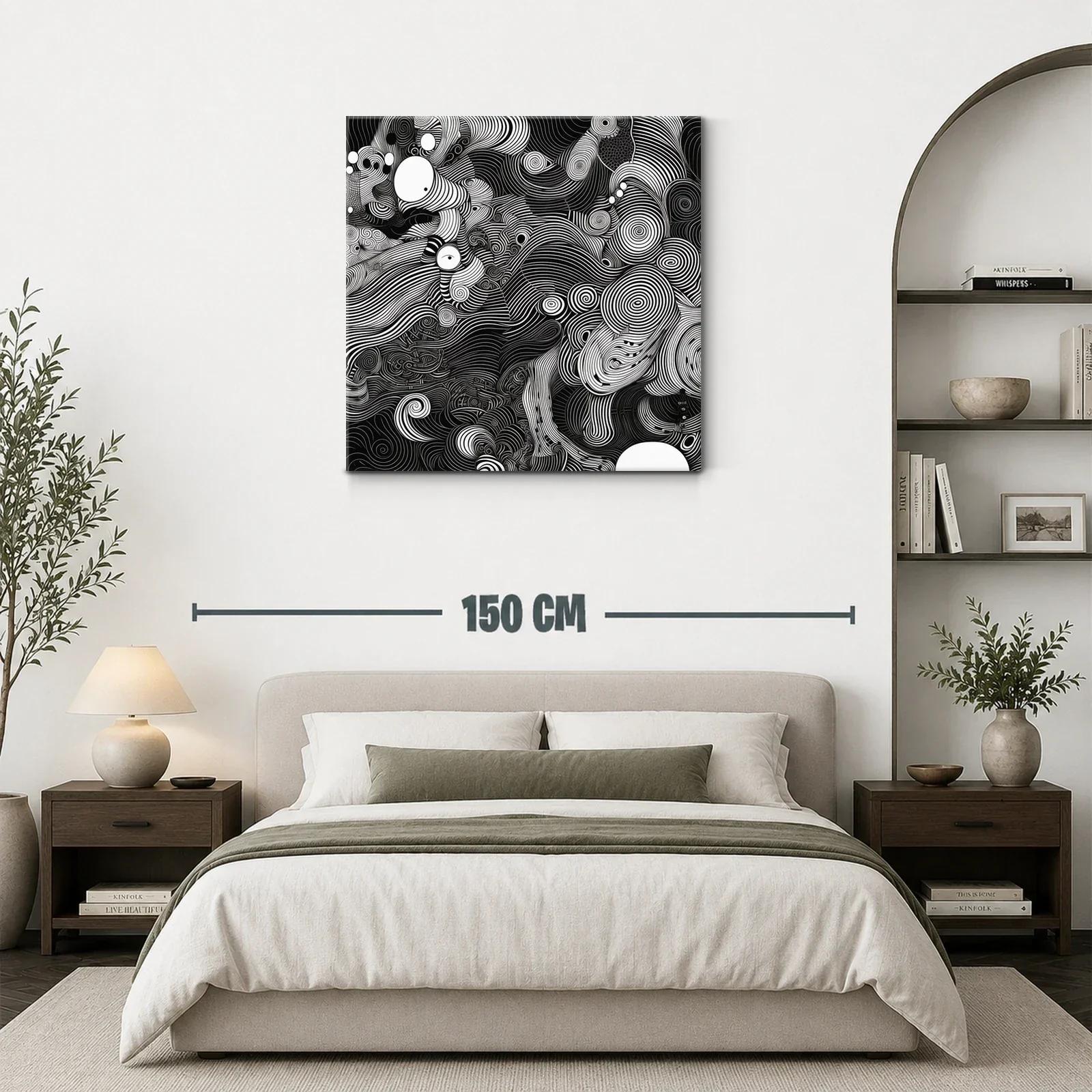 Cuadro abstracto en blanco y negro con líneas onduladas y espirales — miniatura 3