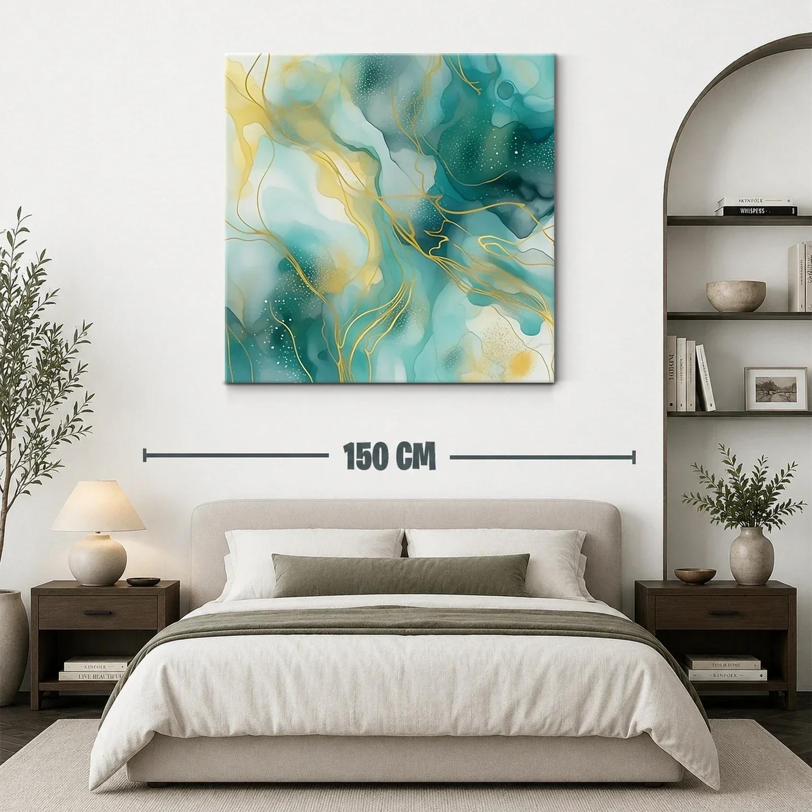 Cuadro abstracto en tonos turquesa y dorado — miniatura 3