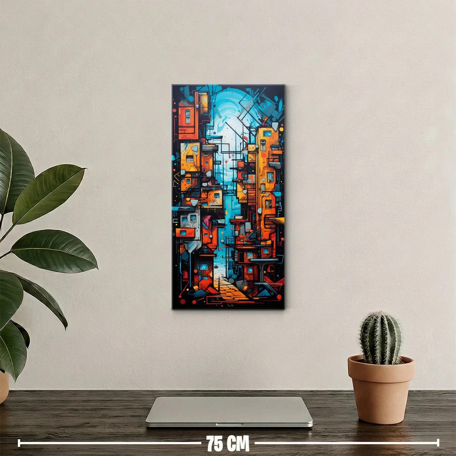 Cuadro callejón urbano geométrico con cables y ventanas — miniatura 2
