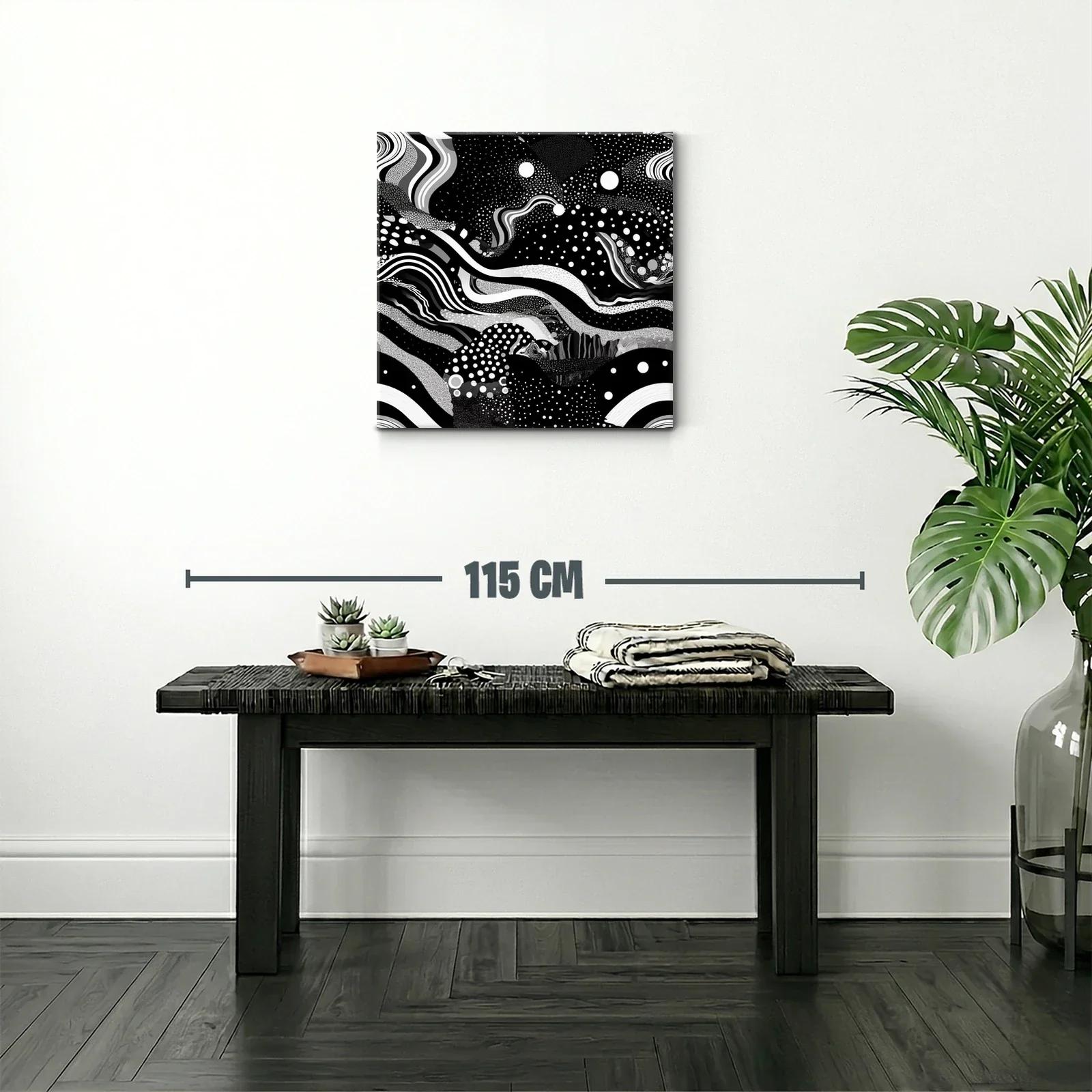 Cuadro abstracto en blanco y negro con formas y puntos dinámicos — miniatura 2