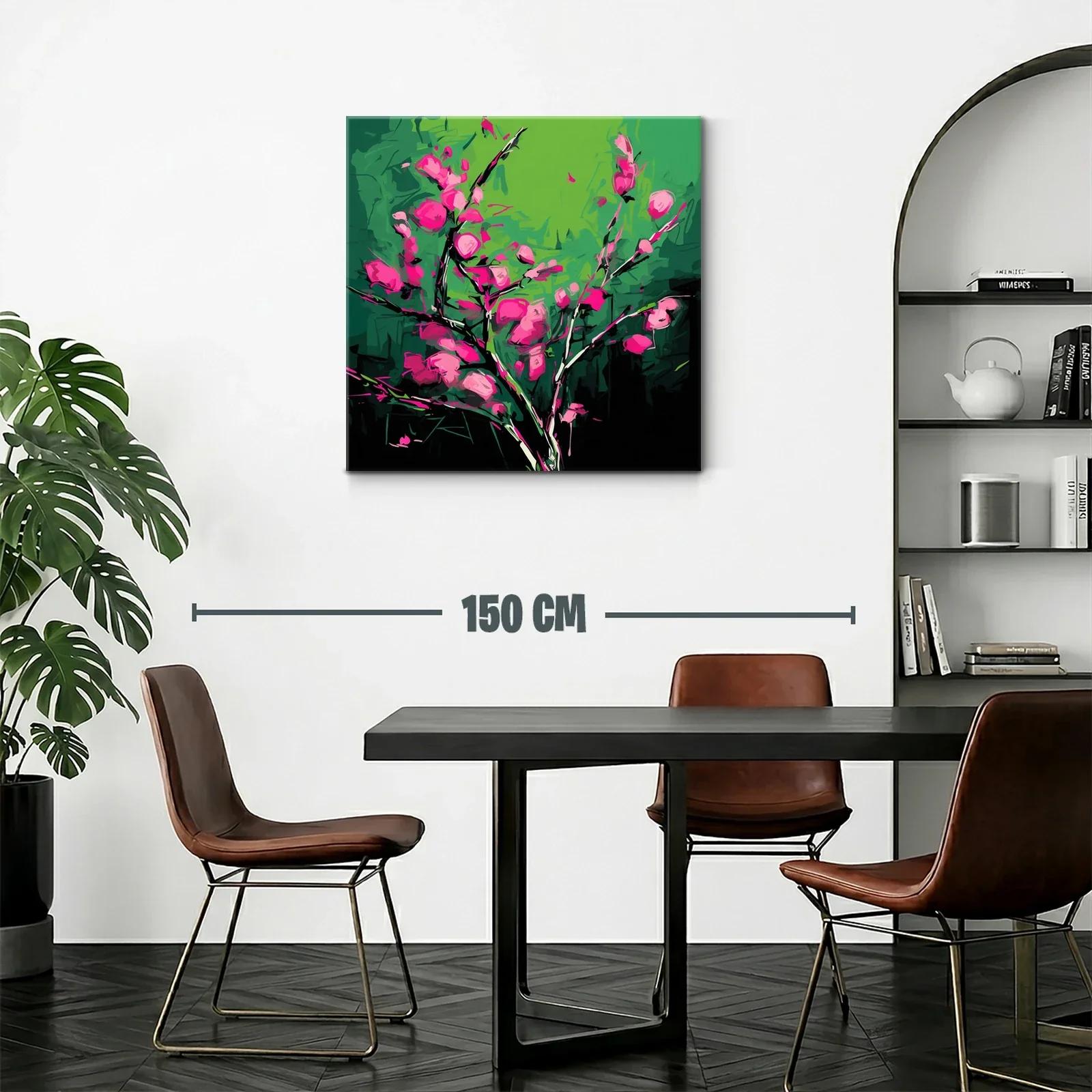 Cuadro vibrante con flores fucsias sobre fondo verde — miniatura 2