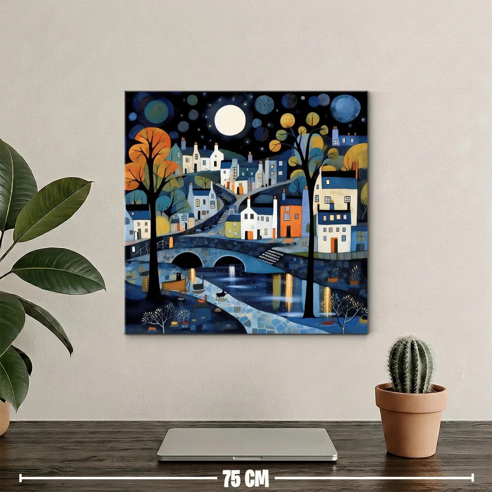 Paisaje nocturno de pueblo con luna llena y reflejos brillantes — miniatura 2