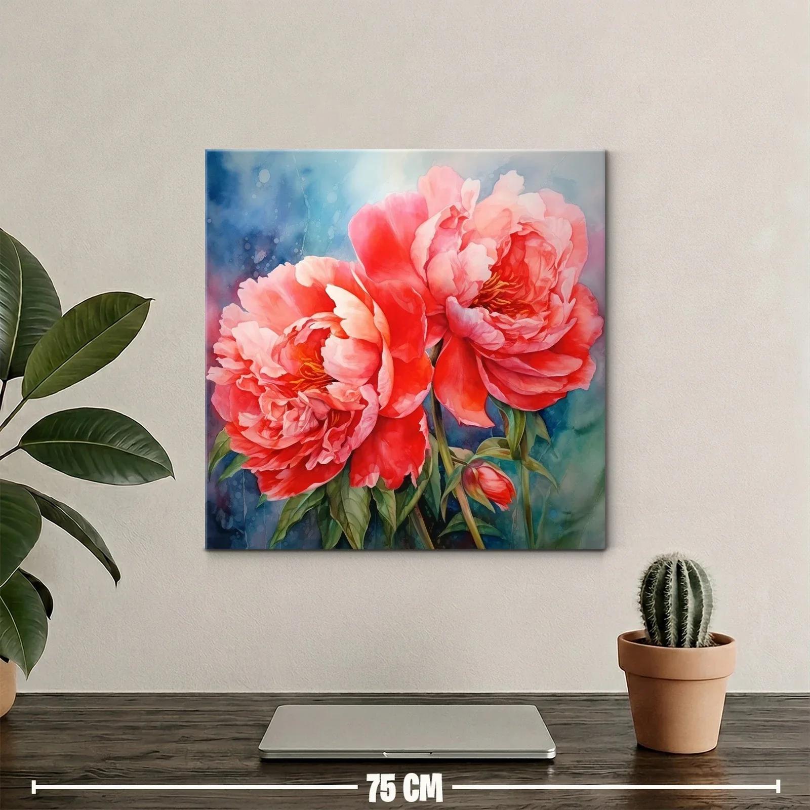 Cuadro floral con peonías vibrantes y fondo azul difuminado — miniatura 2