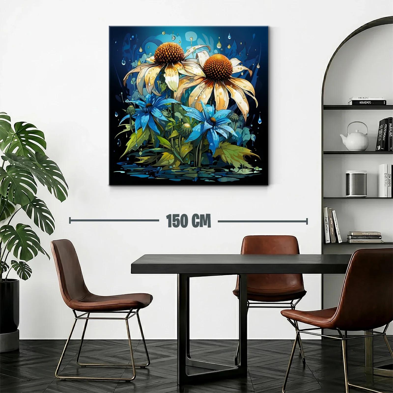 Flores vibrantes con gotas sobre fondo azul oscuro — miniatura 2