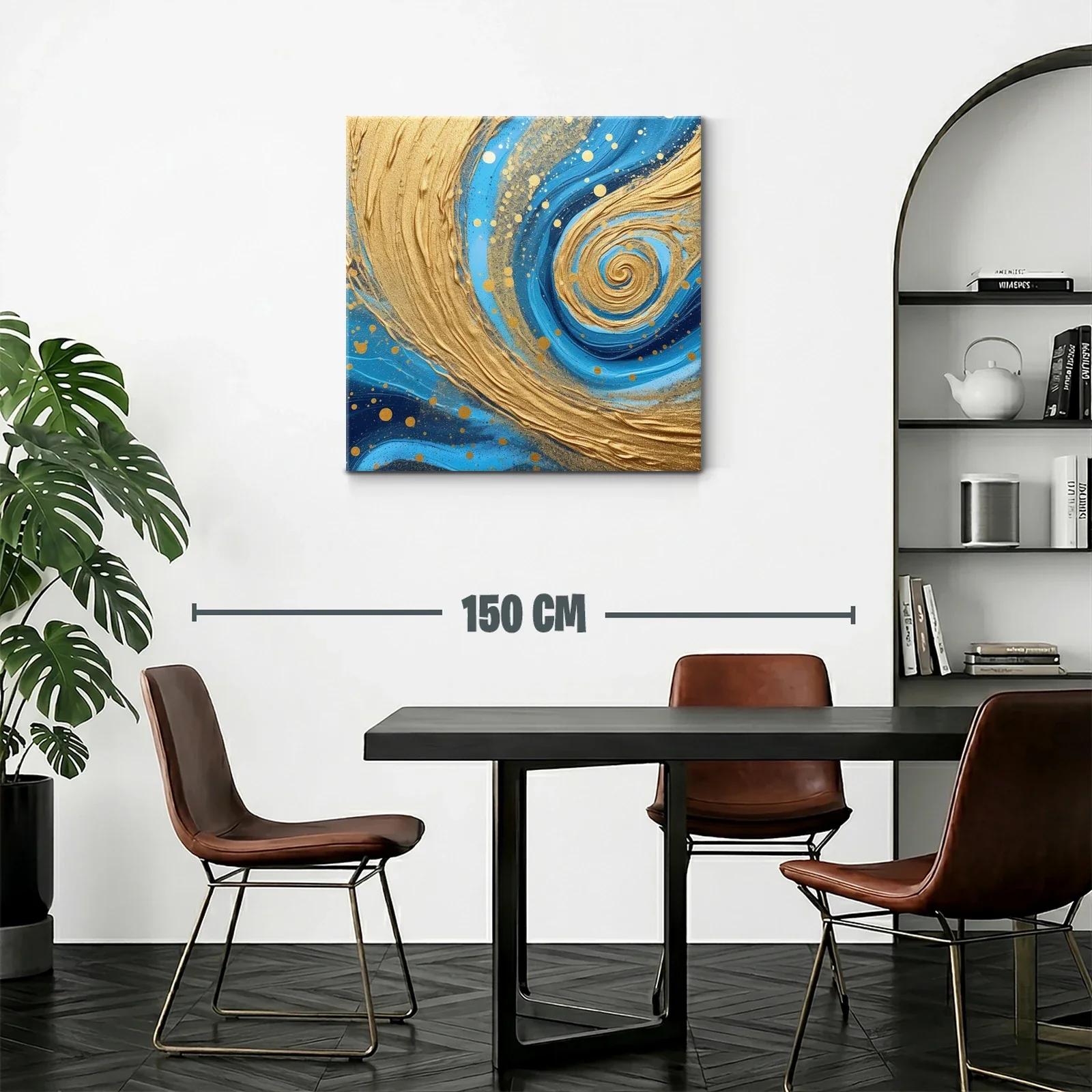 Cuadro abstracto con remolinos dorados y tonos azules — miniatura 2