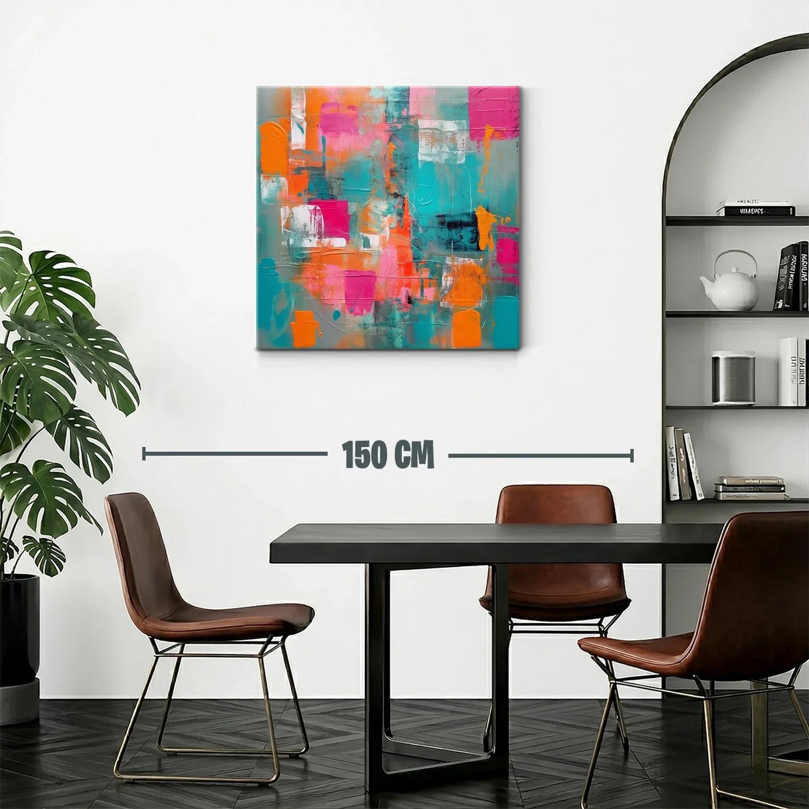 Cuadro abstracto con vibrantes tonos turquesa naranja y rosa — miniatura 2