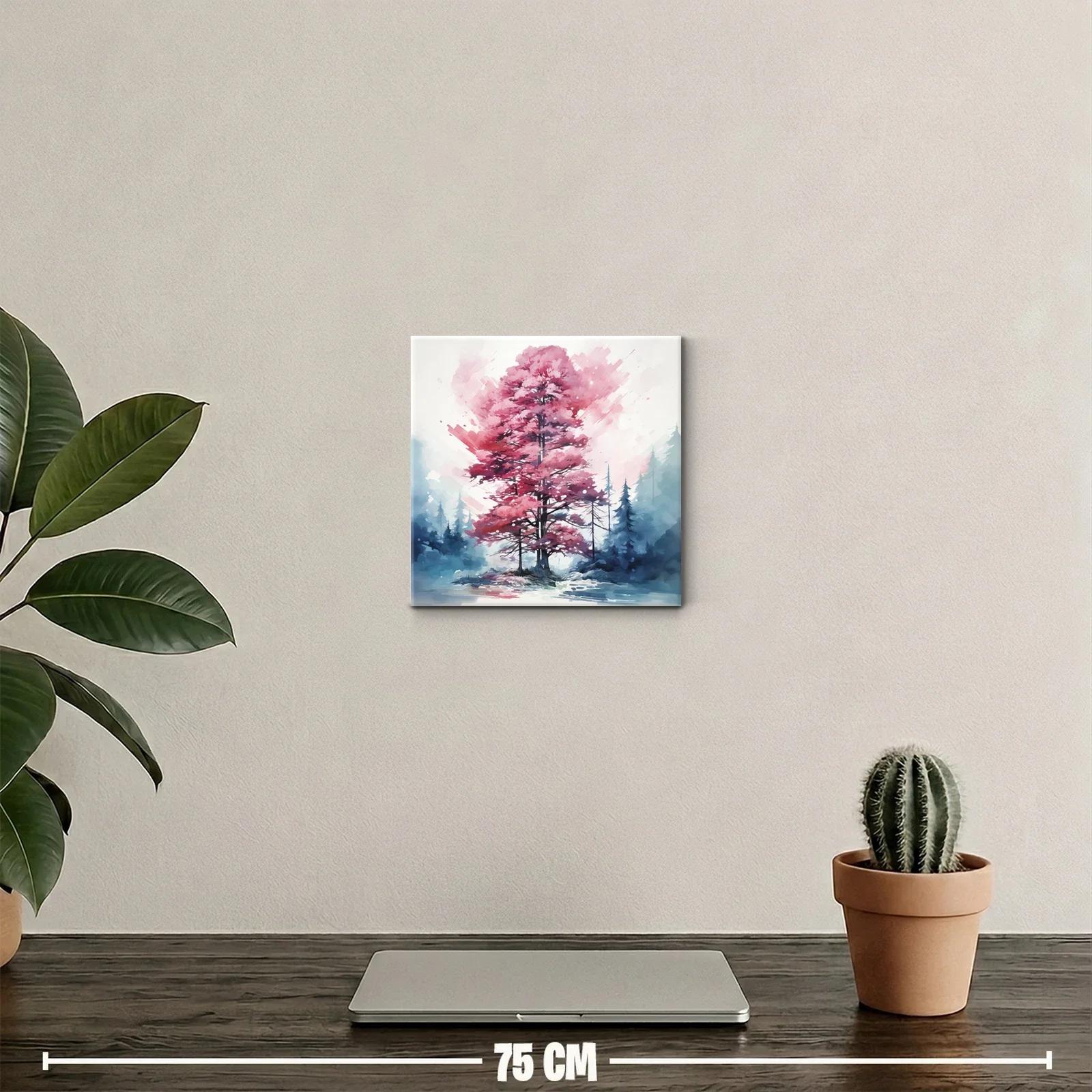 Árbol rosa en paisaje nevado con toque abstracto — miniatura 2