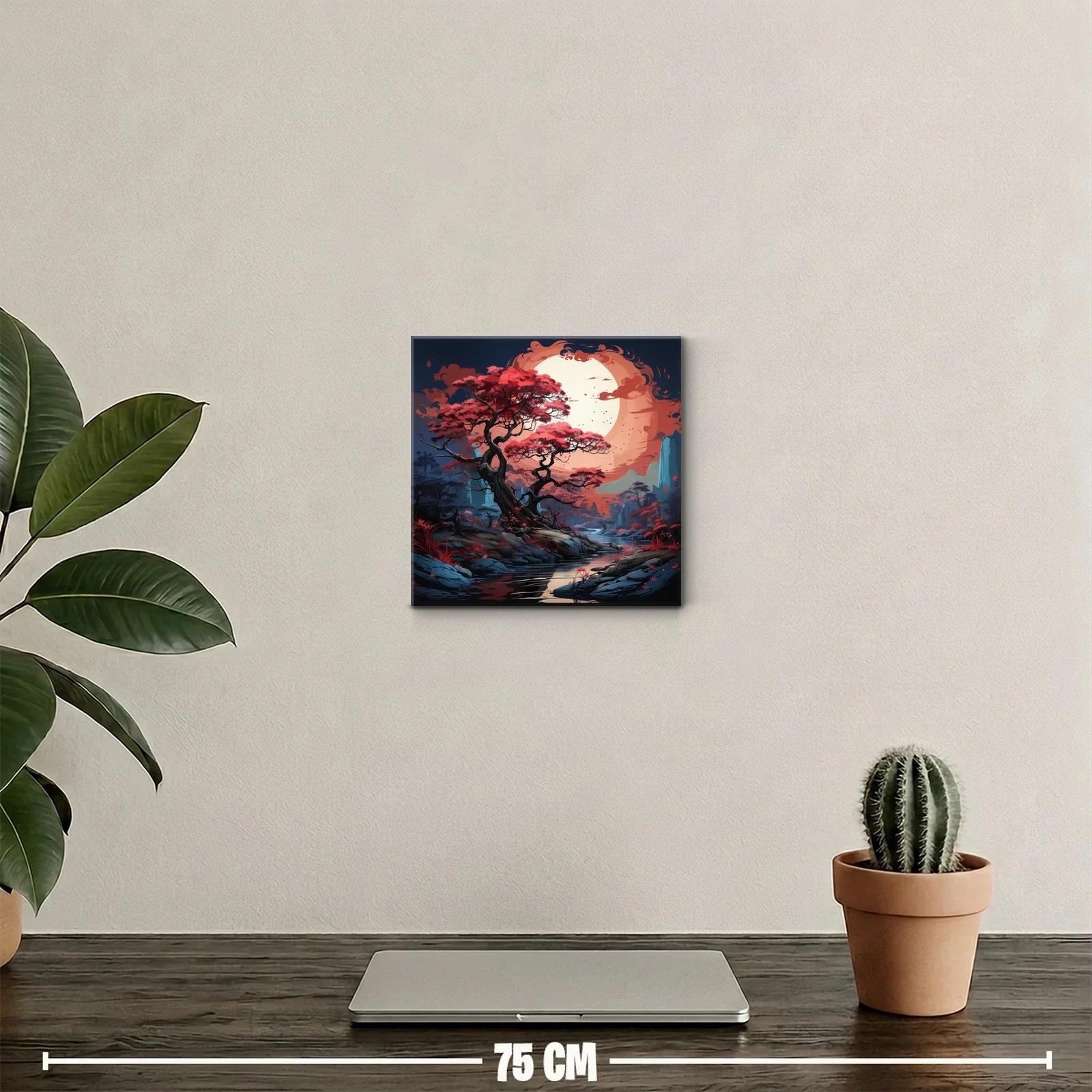 Paisaje mágico con árbol rojo bajo una luna enorme — miniatura 2