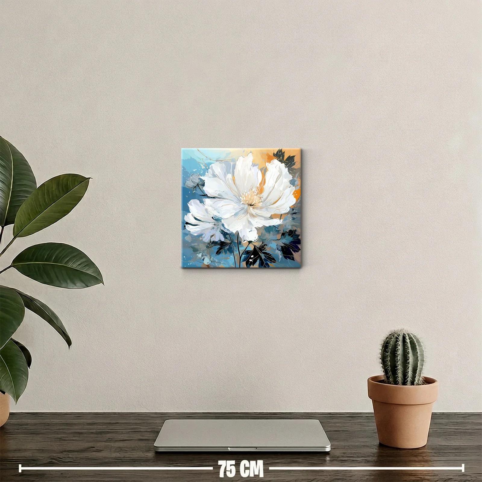 Cuadro decorativo con flores blancas sobre fondo azul y ocre — miniatura 2