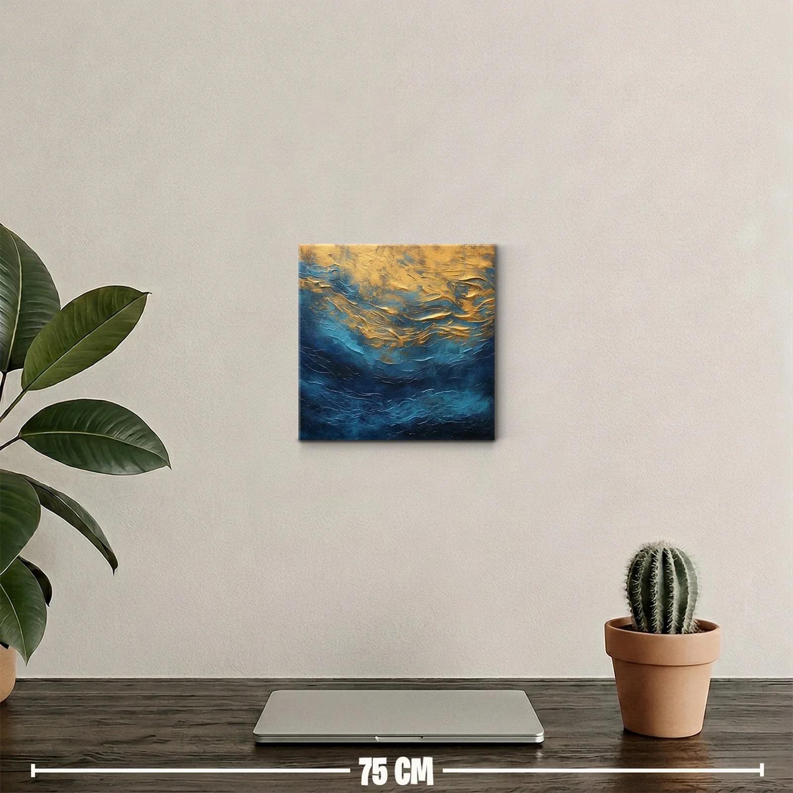 Cuadro abstracto con texturas doradas y tonos azules intensos — miniatura 2