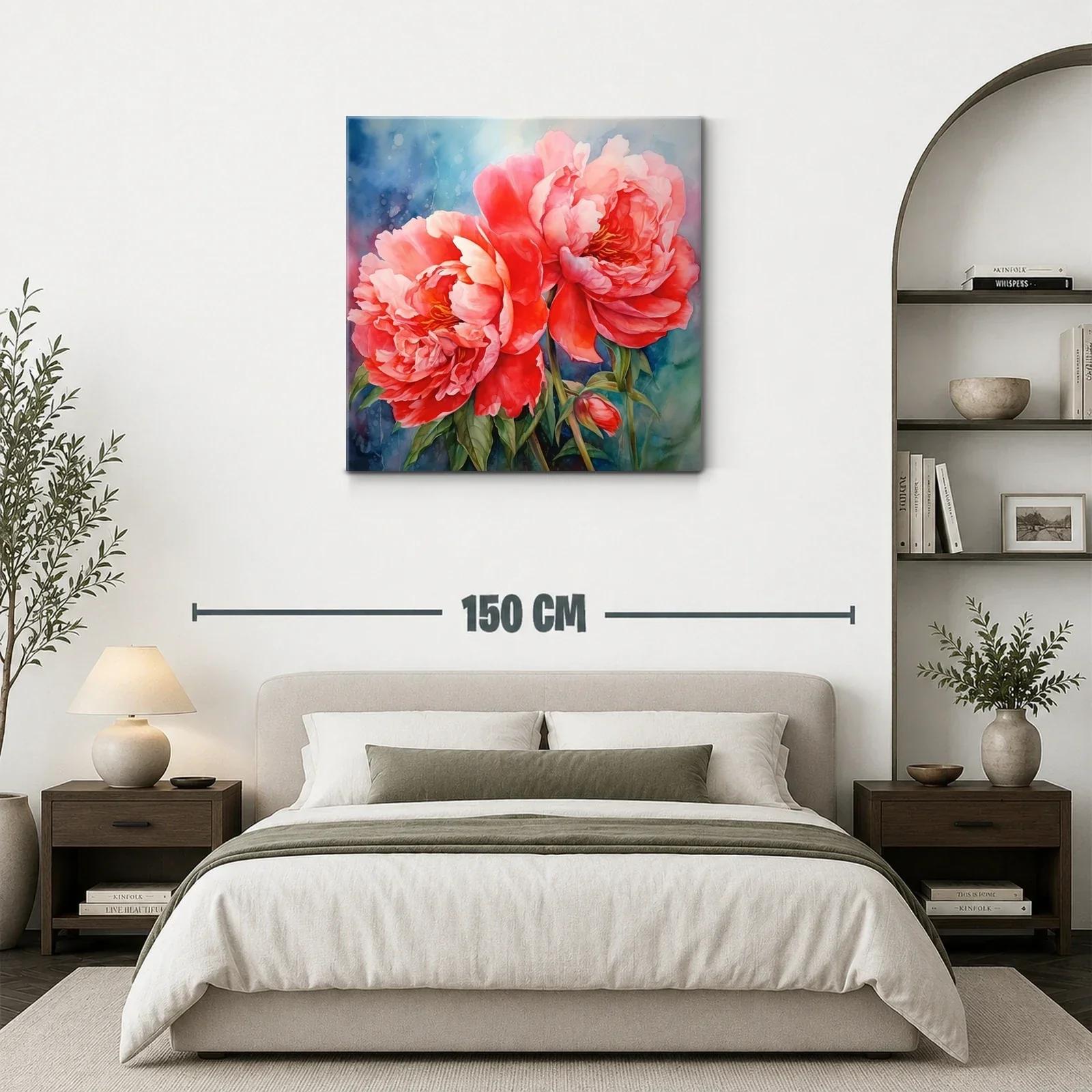 Cuadro floral con peonías vibrantes y fondo azul difuminado — miniatura 3